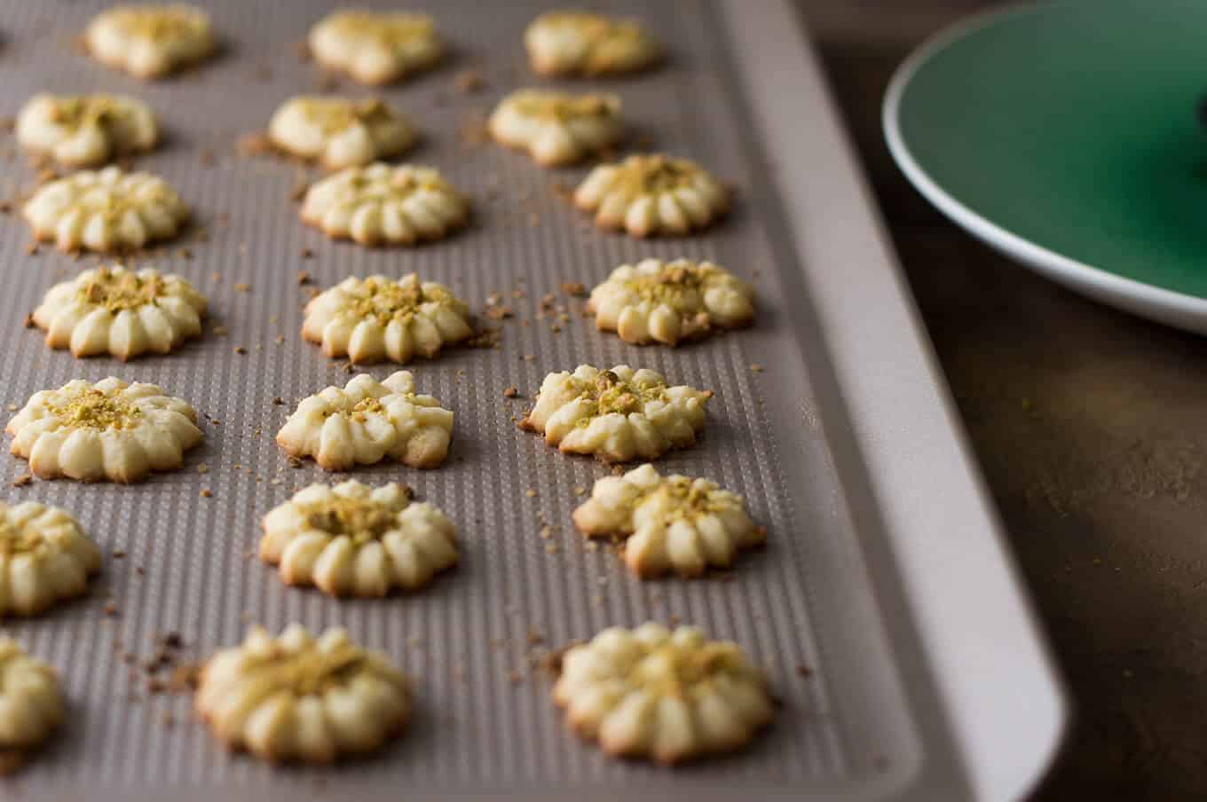 Baked cookies on a baking sheet.