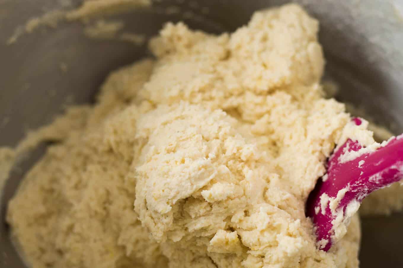 Close-up of cookie dough in a bowl.