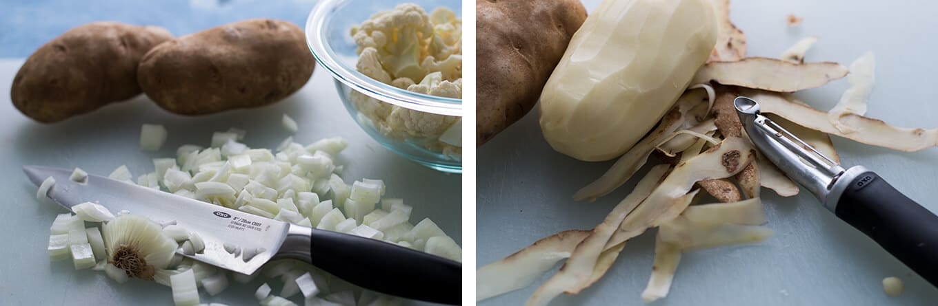 A collage of chopped onions, cauliflower florets, and peeled potatoes.