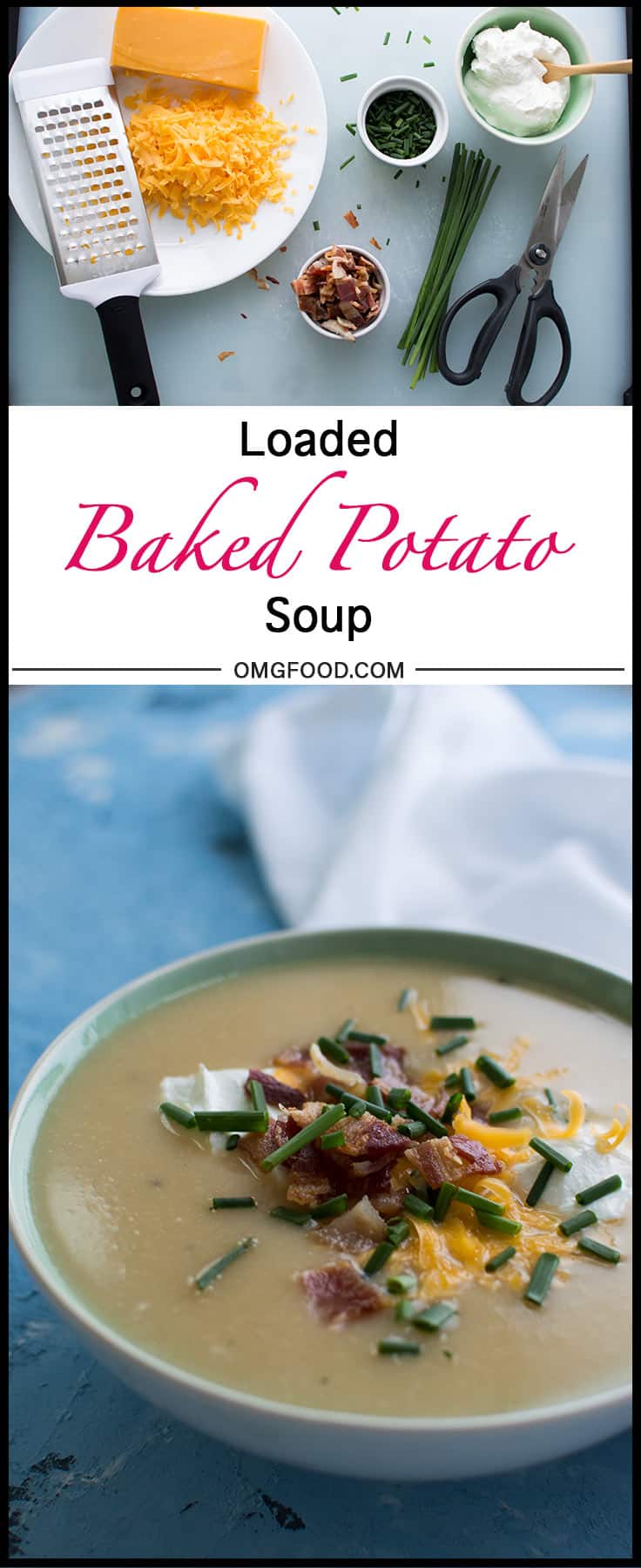 A Pinterest banner of loaded baked potato and cauliflower soup.