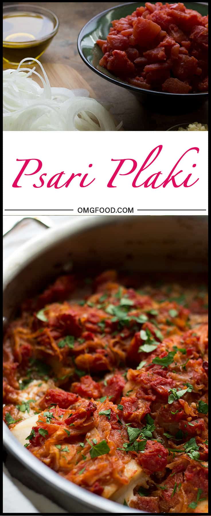 Pinterest banner of psari plaki in a stainless steel pan,