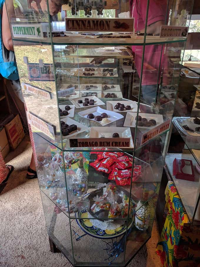 Handmade chocolates in a glass display case.