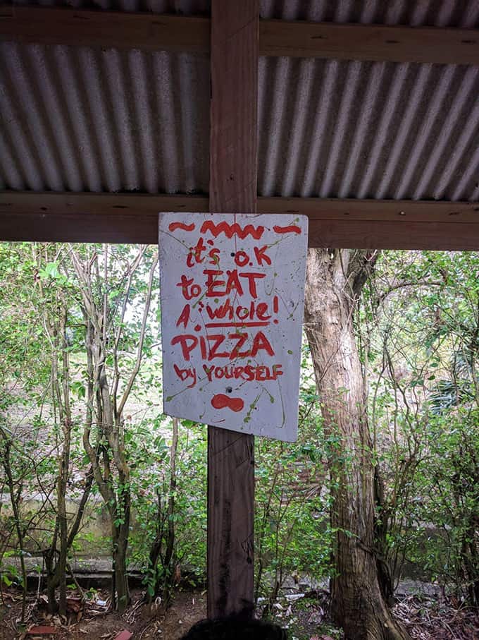 A sign on a pole that reads \"it\'s ok to eat a whole pizza by yourself!\"