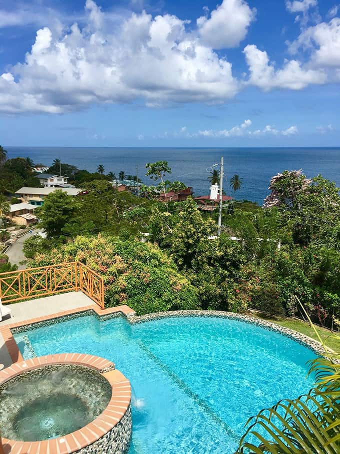 A pool on the edge of a hill overlooking trees, houses, and the ocean.