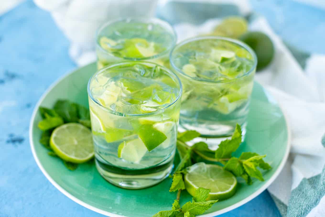 Close up of three prepared caipiroskas.