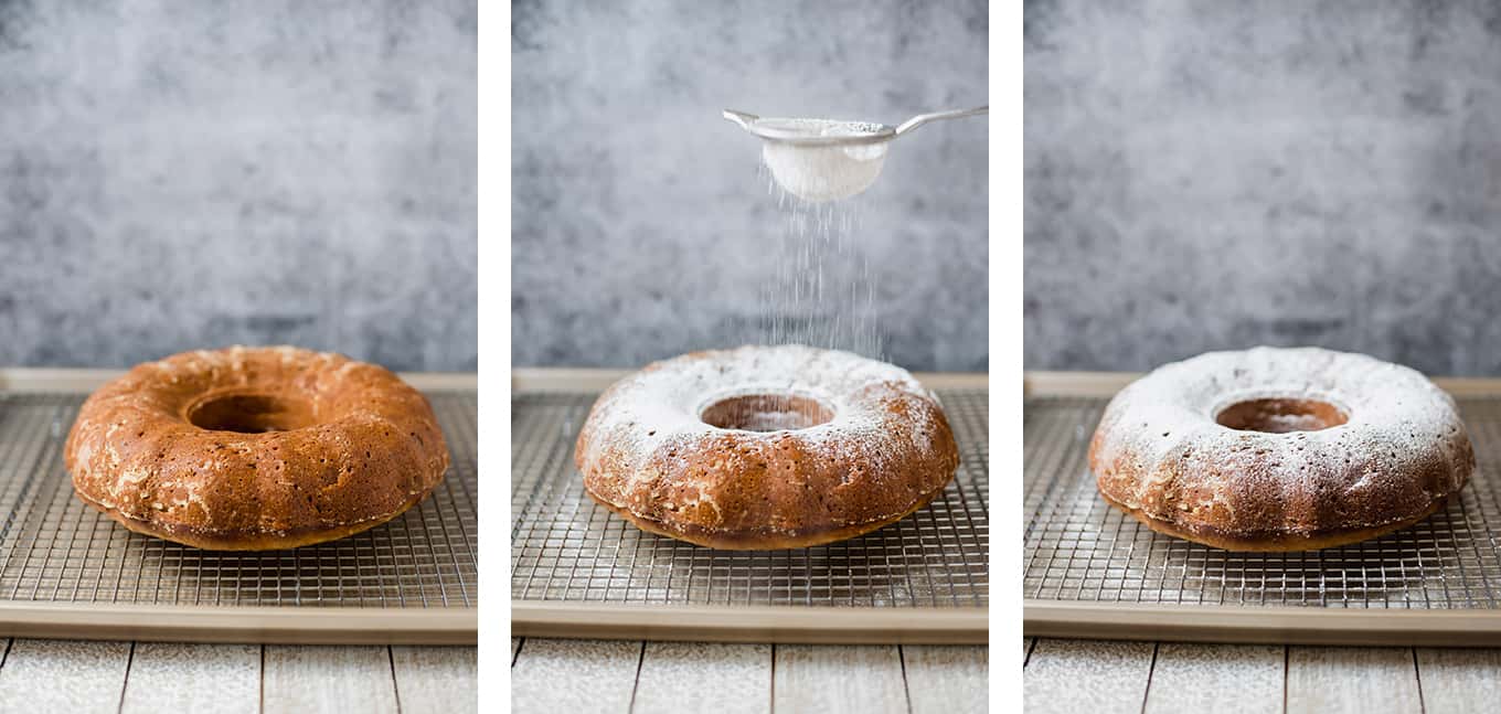 A triptych photo of powdered sugar being sifted onto a baked fanourpita cake.