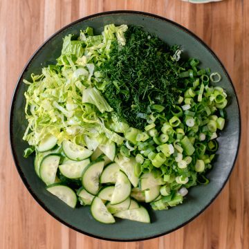 A bowl of maroulosalata (Greek lettuce salad).