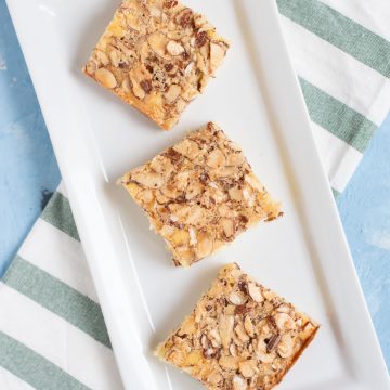 A rectangular plate of three Swedish visiting cake bars.