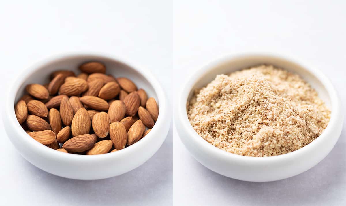 A diptych collage of whole and ground almonds in bowls.