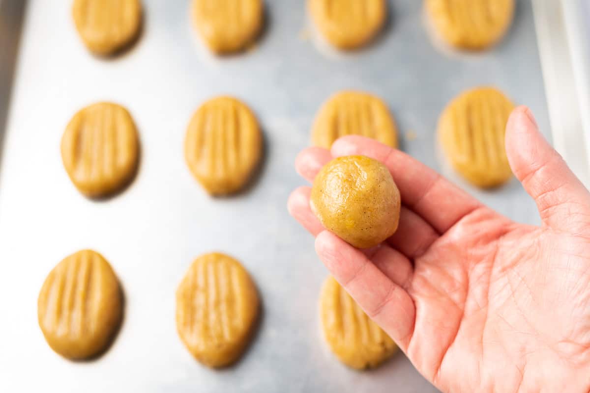 Close up of a hand holding a ball of cookie dough with a baking sheet of prepared cookie dough in the background.