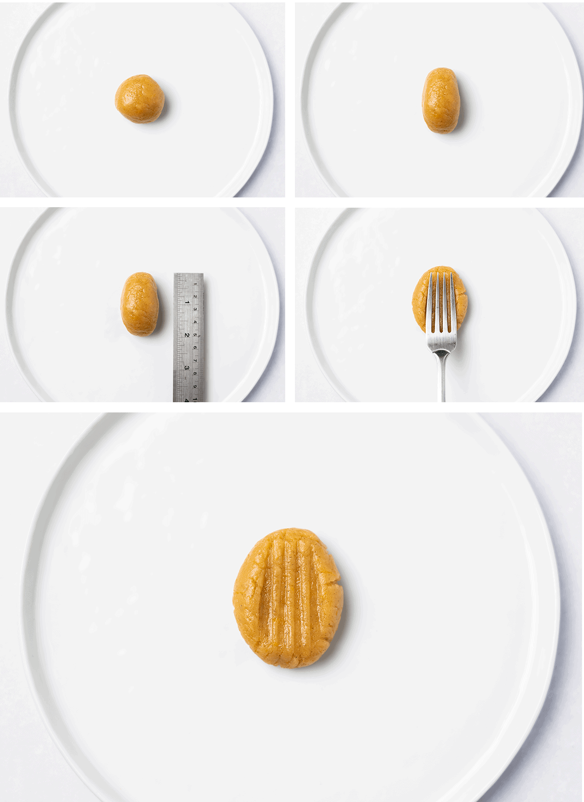 Collage of cookie dough being shaped into a cookie.