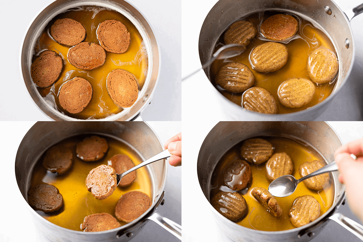 Collage of four photos with cookies soaking in a saucepan of honey syrup.