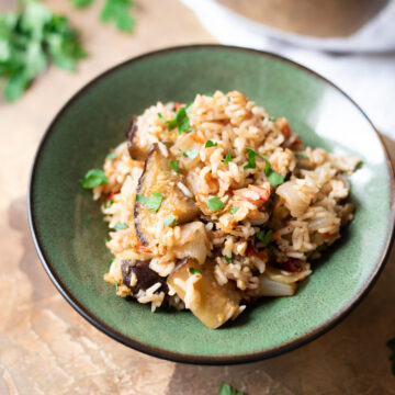 Featured image: Close up of eggplant and rice in a bowl with a pan of casserole in the background.