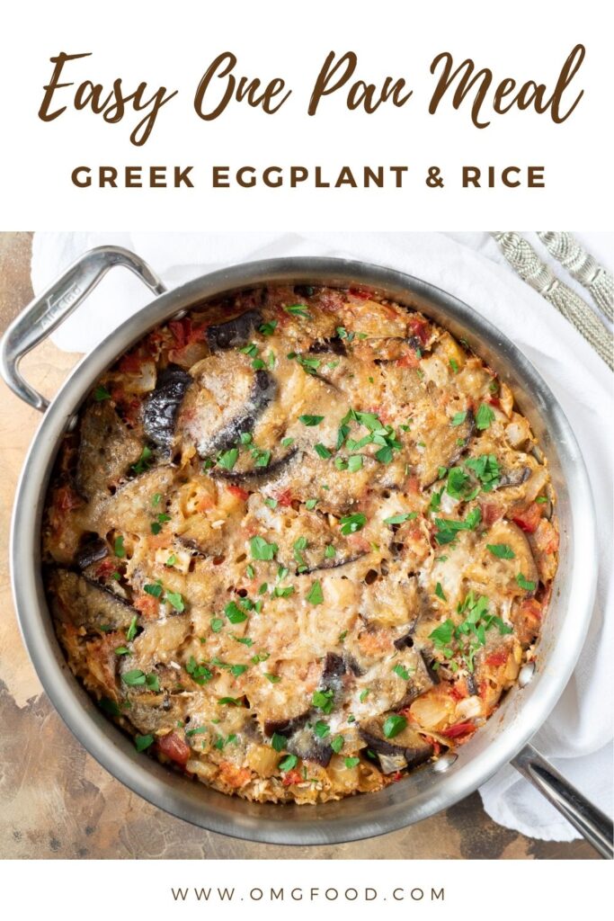 Pinterest banner for Greek eggplant and rice.