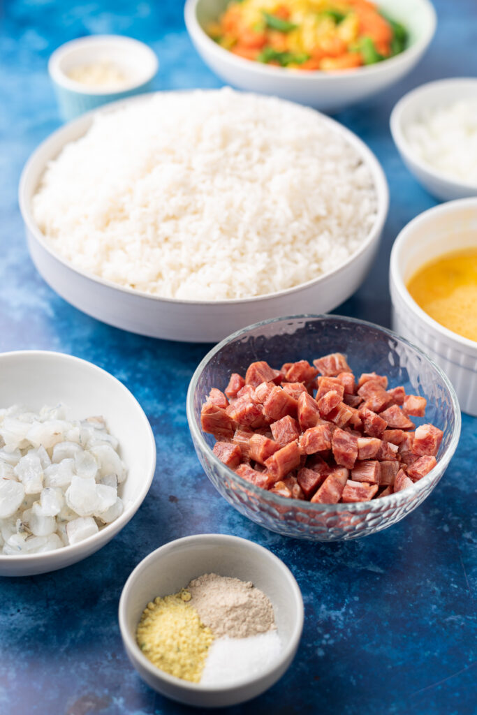 Bowls of ingredients for Vietnamese fried rice.