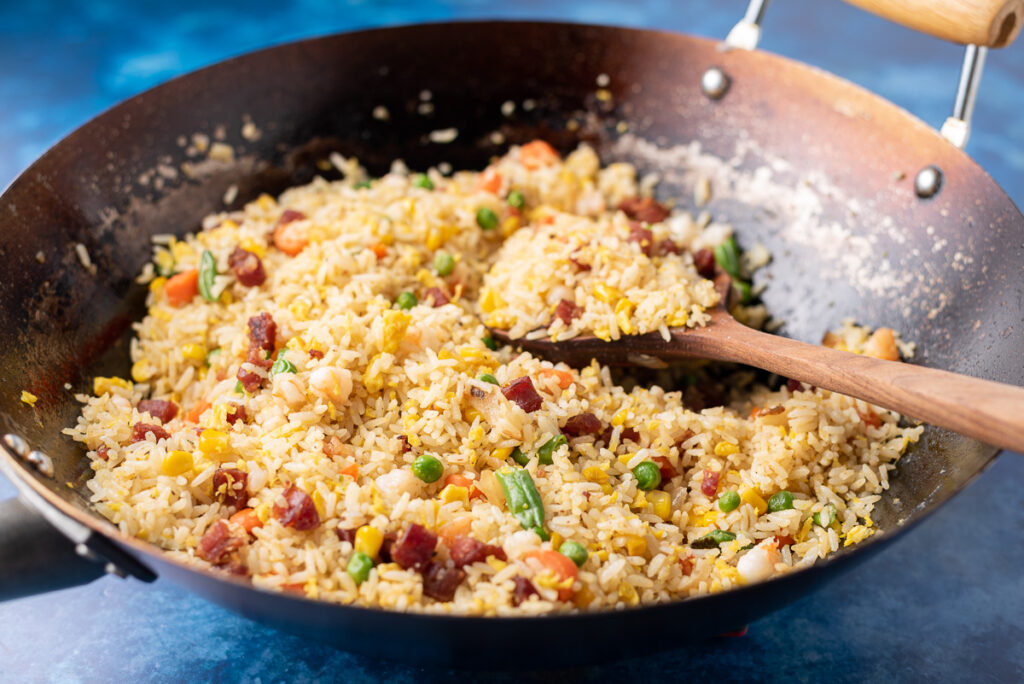 Vietnamese fried rice in a wok.