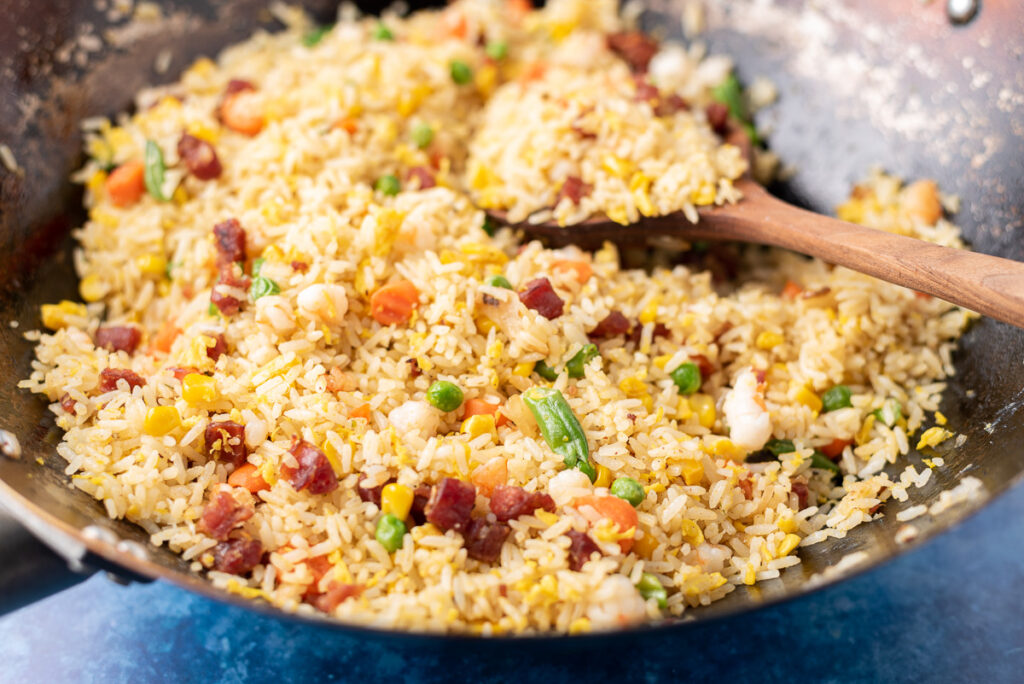 Closeup of Vietnamese fried rice in a wok.